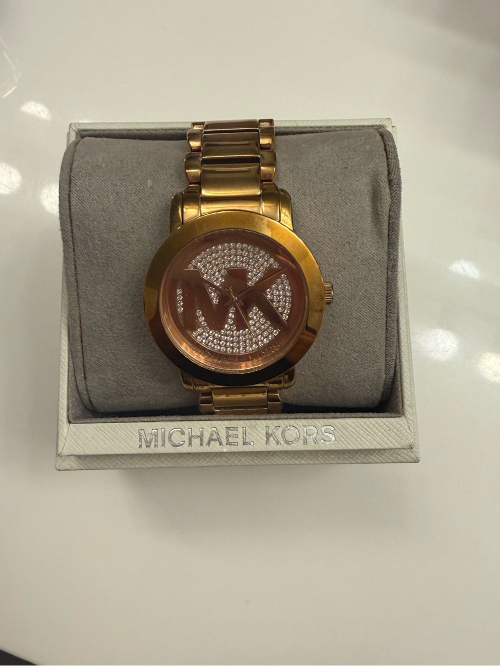 Michael Kors Rose Gold Crystal MK Logo Bracelet Watch